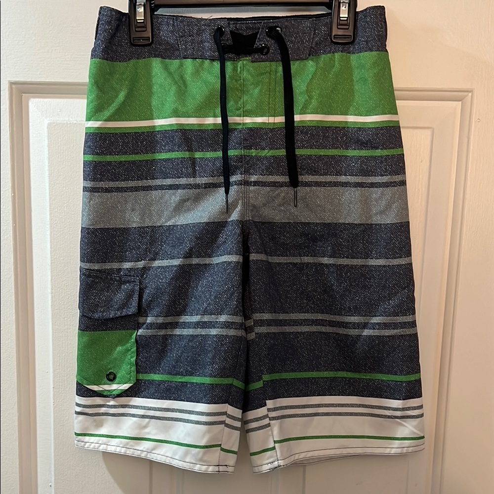 Hang Ten Green and Gray Swim Trunks with Sporty Stripes